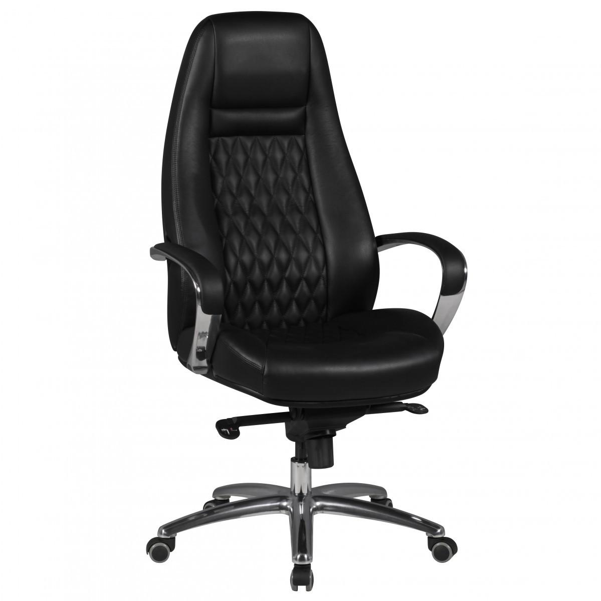 CHEFSESSEL Echtleder mit Aluminiumfußkreuz und ergonomischer Sitzform MADRID, Schwarz 70x68x130 cm - Silberfarben/Schwarz, Leder/Metall (70/130/68cm) - KADIMA DESIGN
