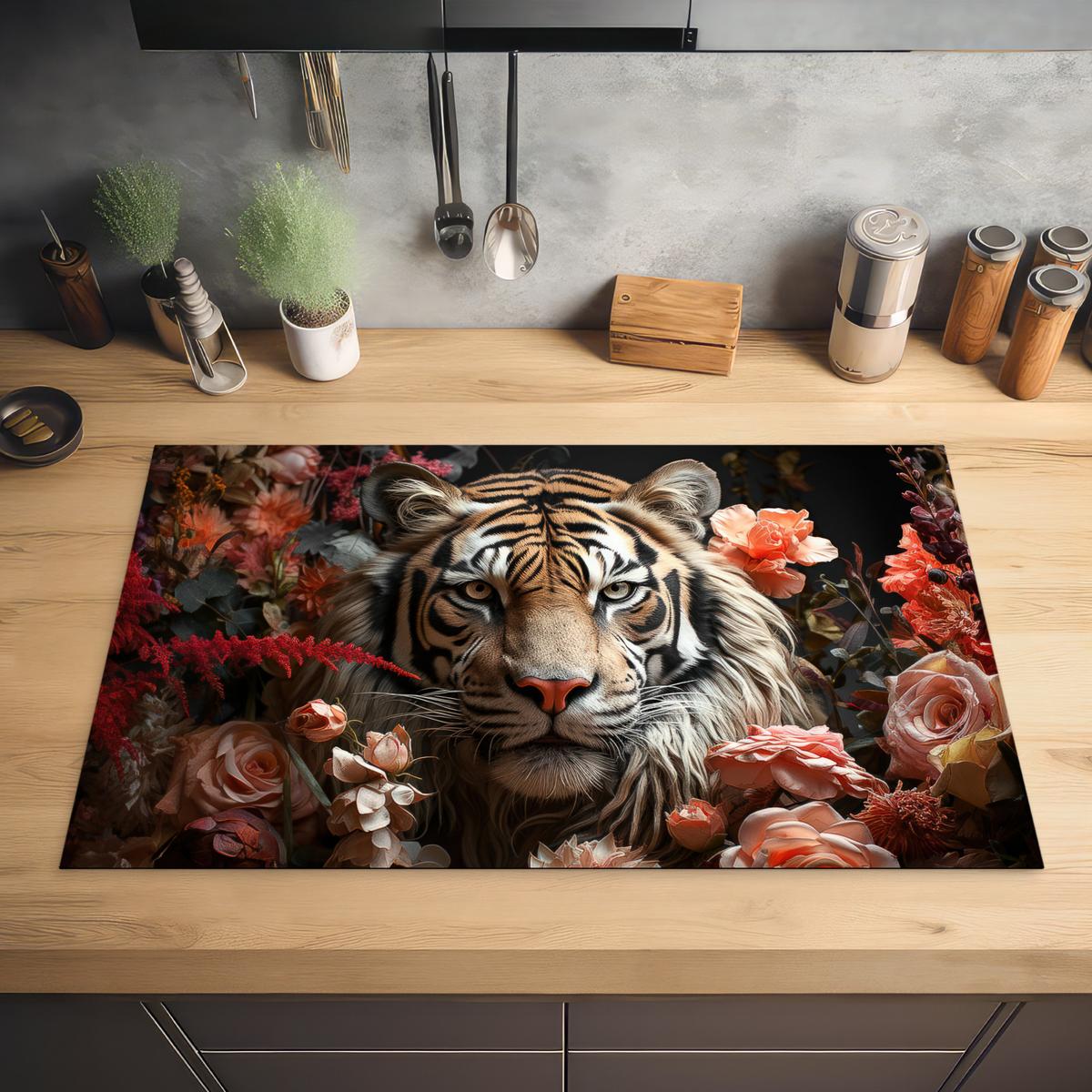 HERDABDECKPLATTE Tiger - Tier - Natur - Floral - Botanisch Induktionsmatte 83x51 cm - Orange, Kunststoff (83/51.5/0.2cm) - MuchoWow