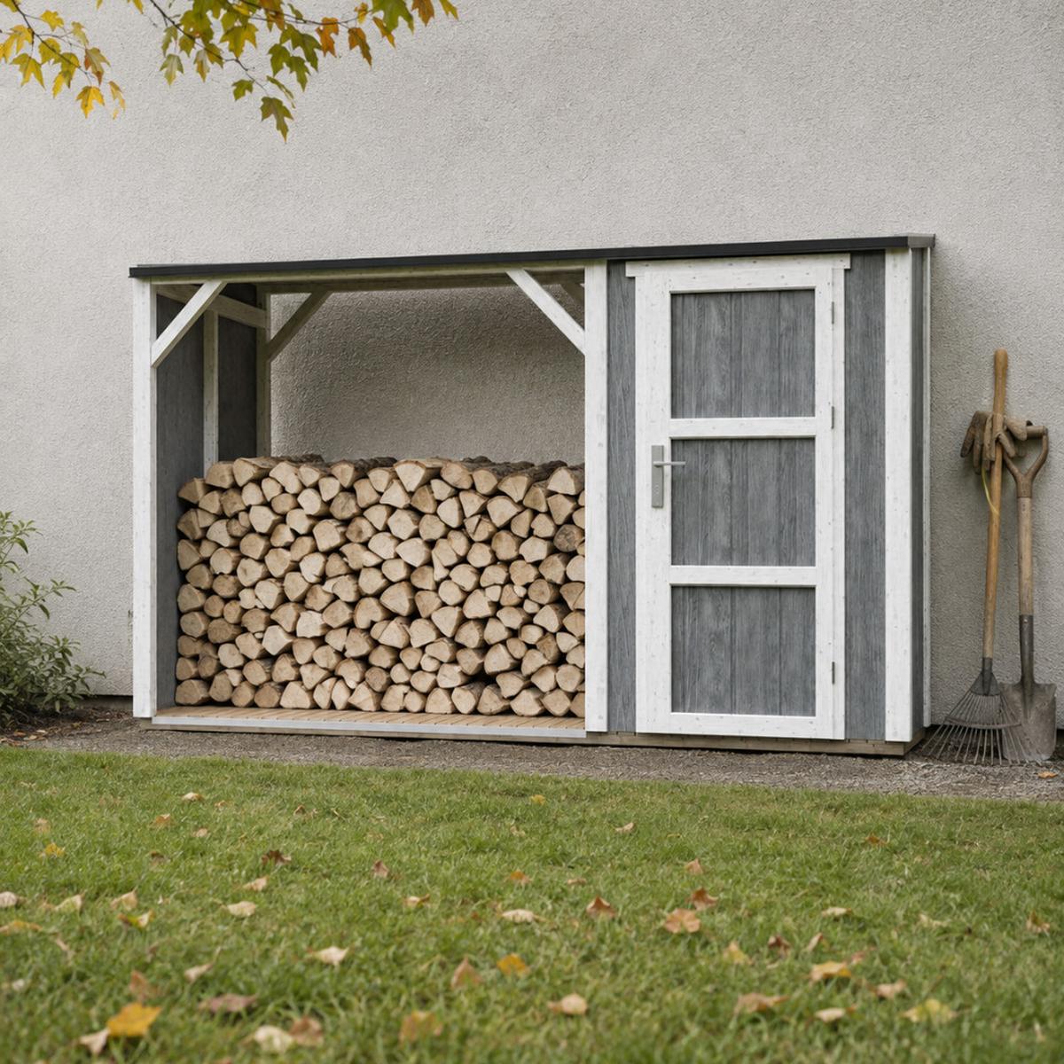 BRENNHOLZLAGER mit geschlossenem Stauraum 4,14 m² M985-CAVERN STEEL - Grau, Holz (120/220/345cm) - Timbela