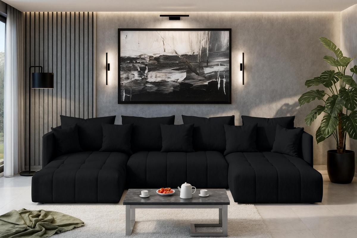 WOHNLANDSCHAFT Veliro U Schwarz 353/180/83 cm mit Schlaffunktion und Bettkasten - Schwarz, Kunststoff/Textil (353/83/180cm) - AX Living