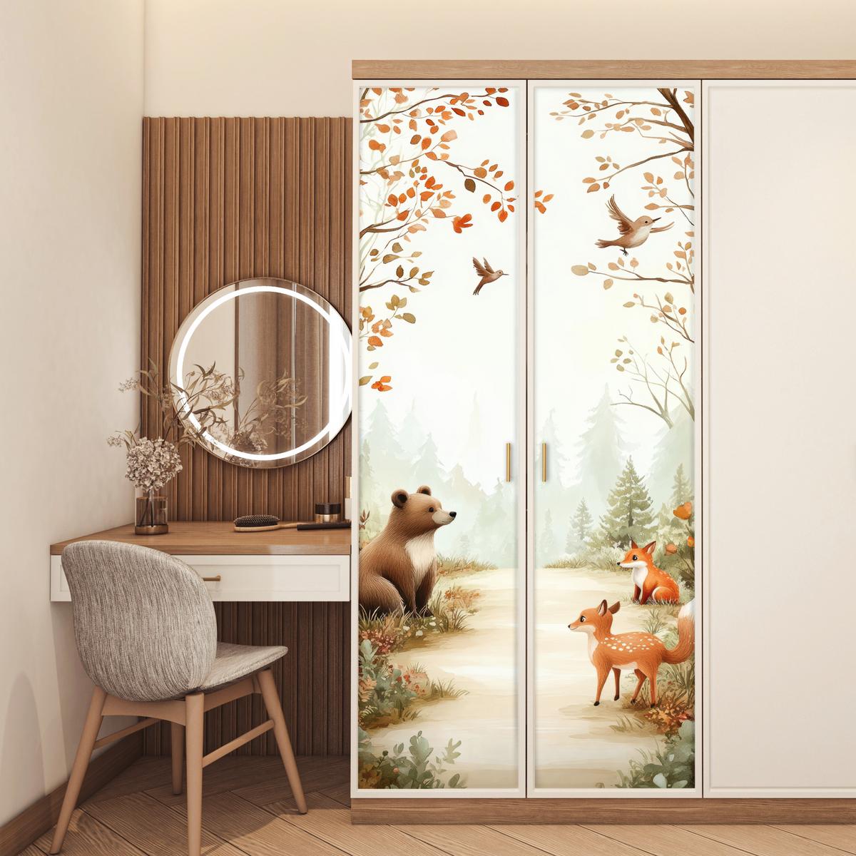 TÜRAUFKLEBER Wald - Herbst - Waldtiere - Bär - Fuchs 90x215 cm - Türtapete - Kastanienfarben, Kunststoff (90/0.1cm) - MuchoWow