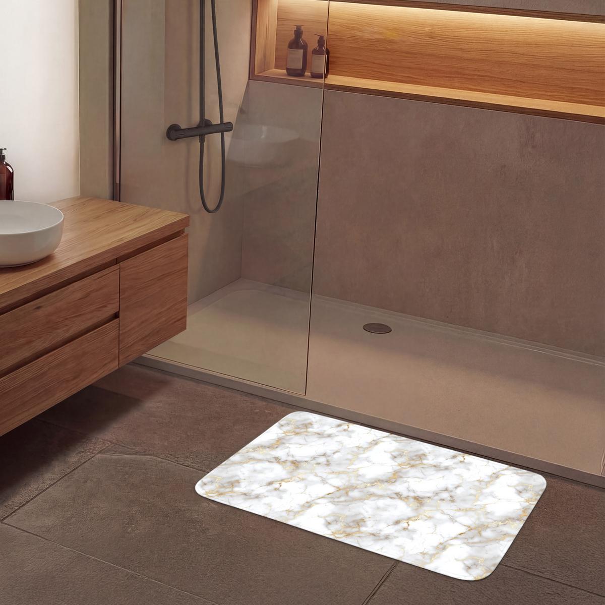 BADEMATTE Goldene Adern - Marmor - Weiß 90x60 cm - Weiß, Textil (90/60cm) - OnlyWow