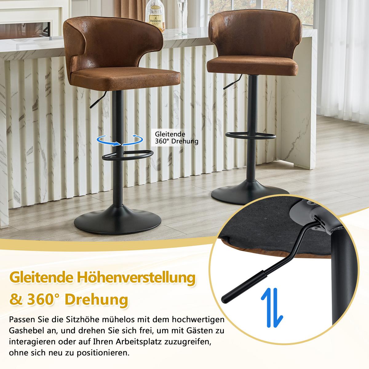 BARHOCKER 2er Set Braun Höhenverstellbar mit Lehne & Fußstütze - Braun, Textil (49.7/110/45cm) - Urban Meuble