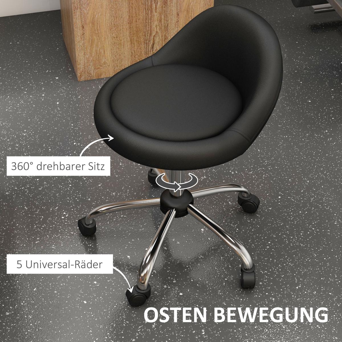 ROLLHOCKER Höhenverstellbarer Arbeitshocker 63-83 cm Drehhocker mit Rädern - Schwarz, Leder (35/83/35cm) - HOMCOM