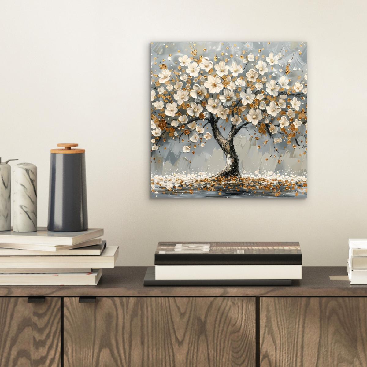 METALLBILD Baum - Blumen - Weiß - Natur - Kunst 20x20 cm - Weiß, Metall (20/20cm) - MuchoWow