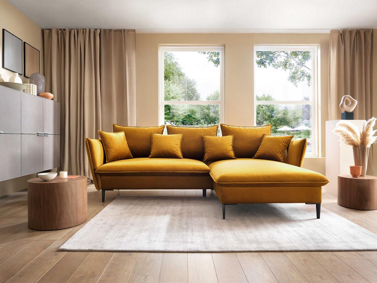 ECKSOFA SOLE Gelb Plüsch-Stoff mit Schlaffunktion - Gelb, Holz (258/167cm) - MASSENO