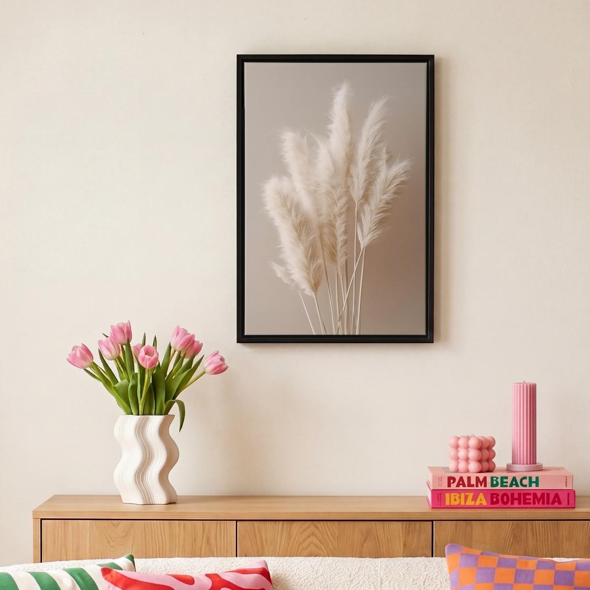 LEINWAND Bilder mit Rahmen - Pampasgras - Federn - Pastell - Weiß - 20x30 - Naturfarben, Textil (20/30cm) - MuchoWow