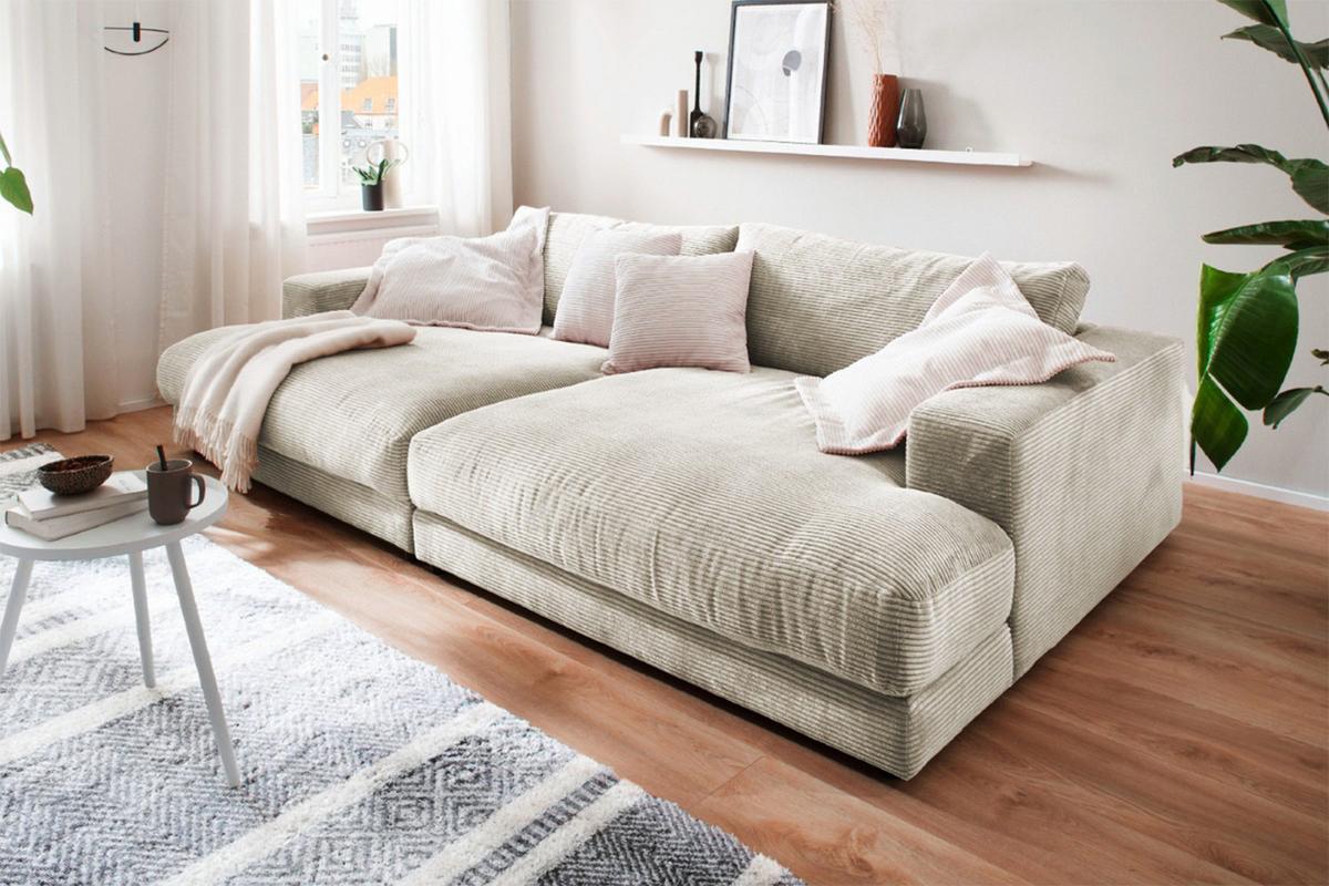 BIG SOFA XL MIT TABLETT MADELINE Cremeweiß Cord - Creme/Schwarz, Kunststoff/Textil (290/85/190cm) - KAWOLA
