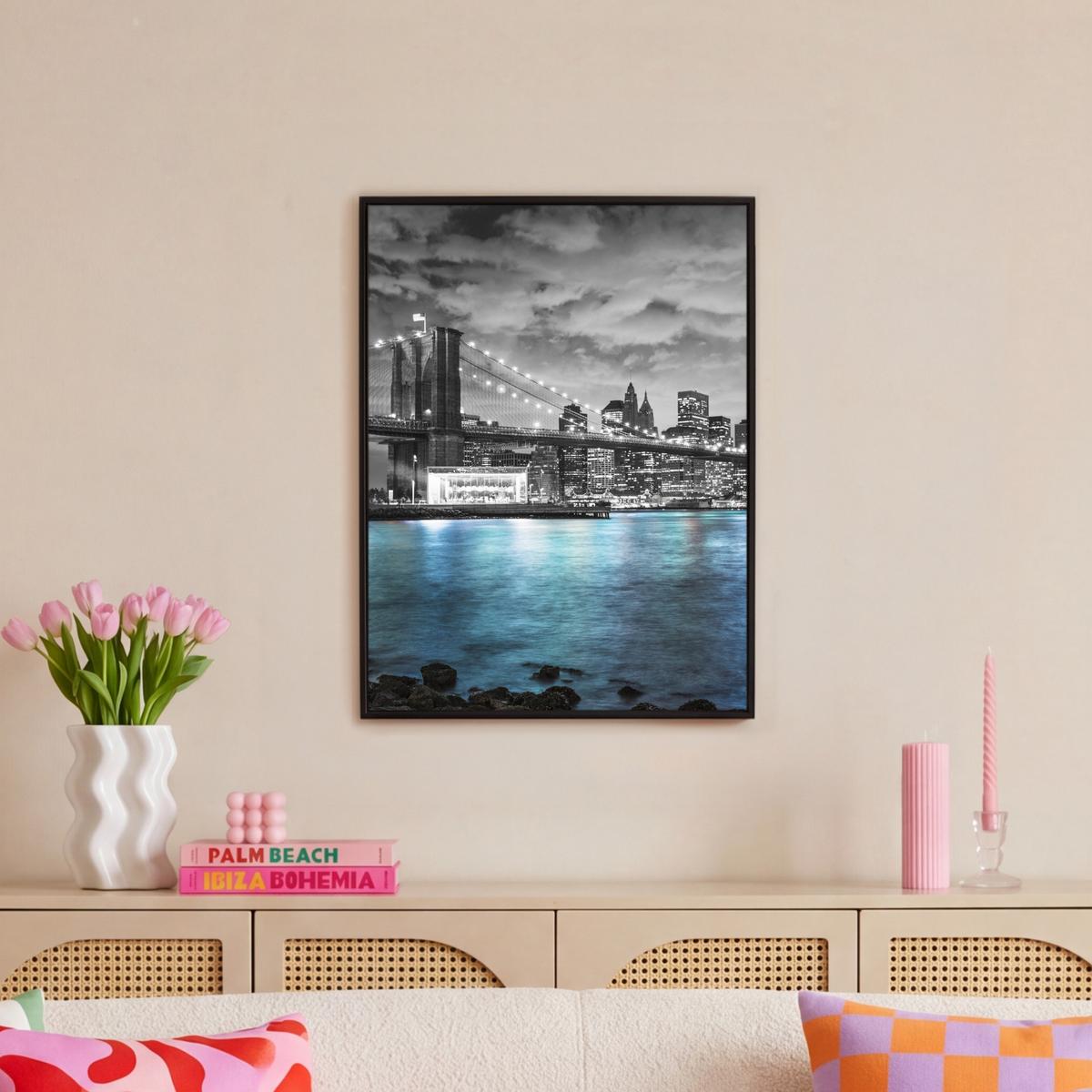 LEINWAND Bilder mit Rahmen - New York - Skyline - Stadt - Blau - 60x80 - Blaugrau, Textil (60/80cm) - MuchoWow