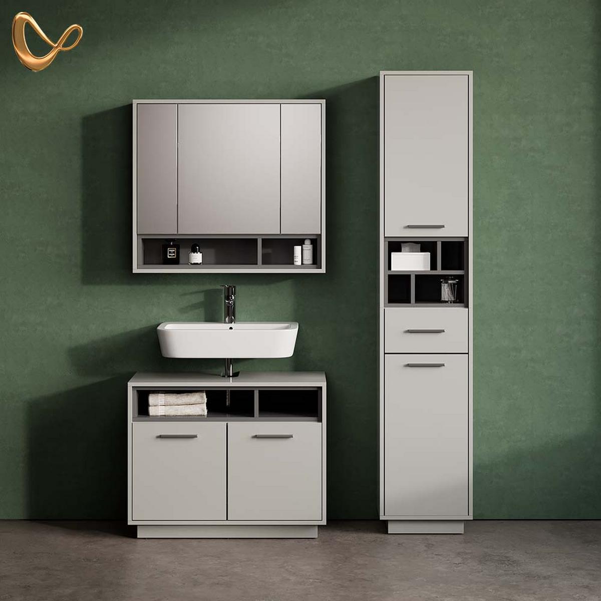 BADMÖBEL-SET Temo Grau 3 Teile, mit Hochschrank - Grau, Holzwerkstoff (80/64/40cm) - Livinity®