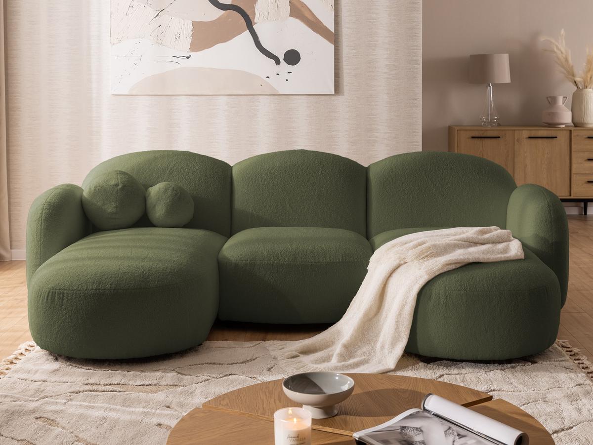 WOHNLANDSCHAFT Nuvola mit abgerundetem Design Grün Bouclé-Stoff - Schwarz/Grün, Holz/Kunststoff (268/80/146cm) - S-Style