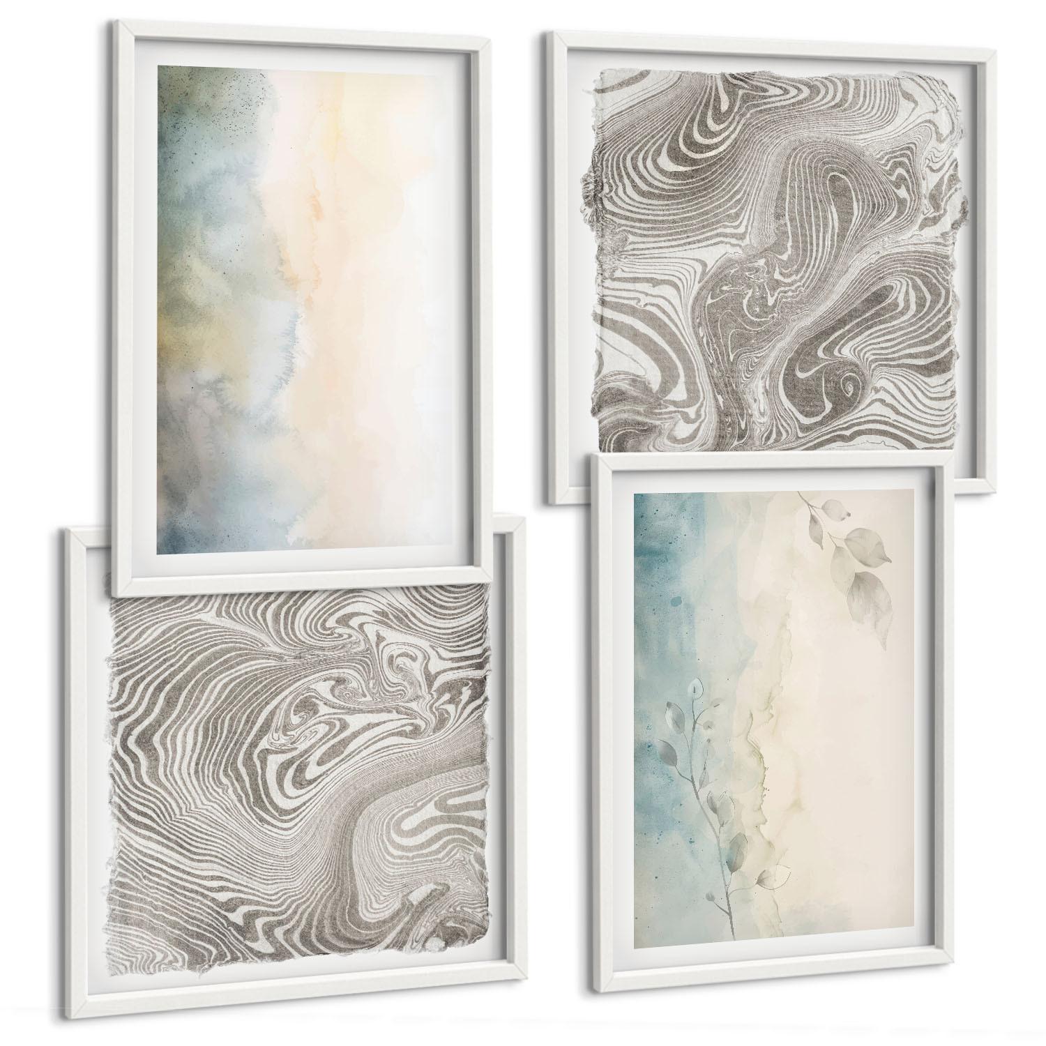 BILDER SET 4er Set - 50x50 cm & 40x60 cm Weißer Rahmen - Zarte Aquarellkartons - Weiß, Kunststoff (50/50cm) - TULUP