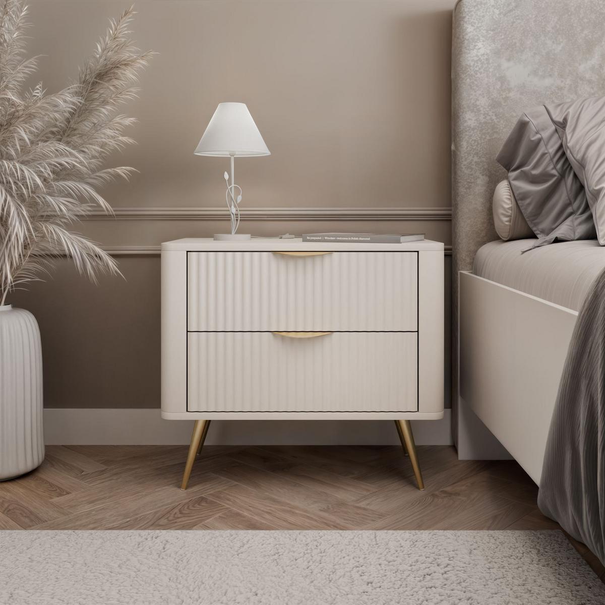 NACHTTISCH SCARLETT 2S MIT SCHUBLADEN BEIGE + GOLD - Beige, Holzwerkstoff (63/55/38cm) - Lookway
