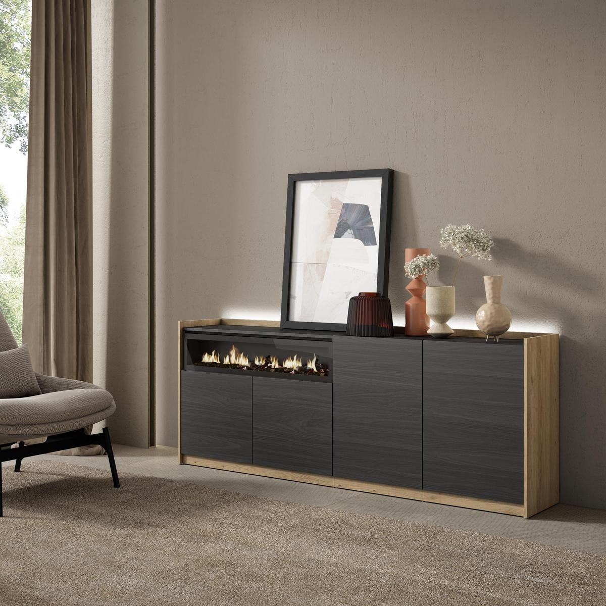 SIDEBOARD, Schwarz und Eiche, 207/37/80cm, Kamin mit Feuereffekt - Schwarz, Holzwerkstoff (207/80/37cm) - Skraut Home
