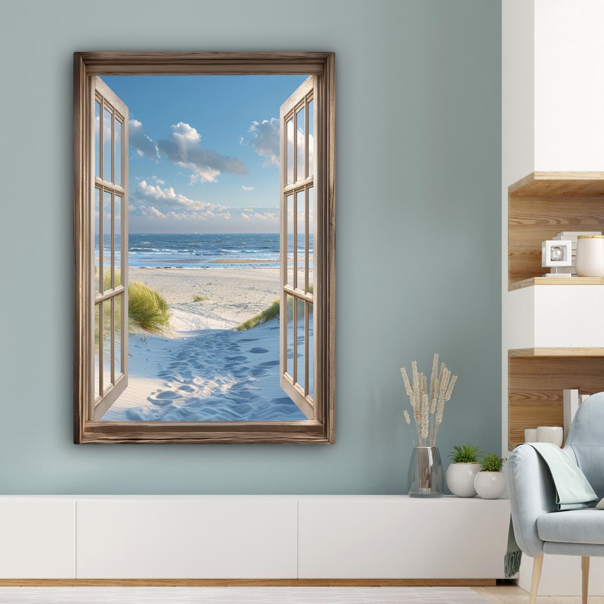 LEINWANDBILD Aussicht - Strand - Fenster - Dünen - Meer Deko XXL 80x120 cm - Hellblau, Textil (80/120cm) - MuchoWow