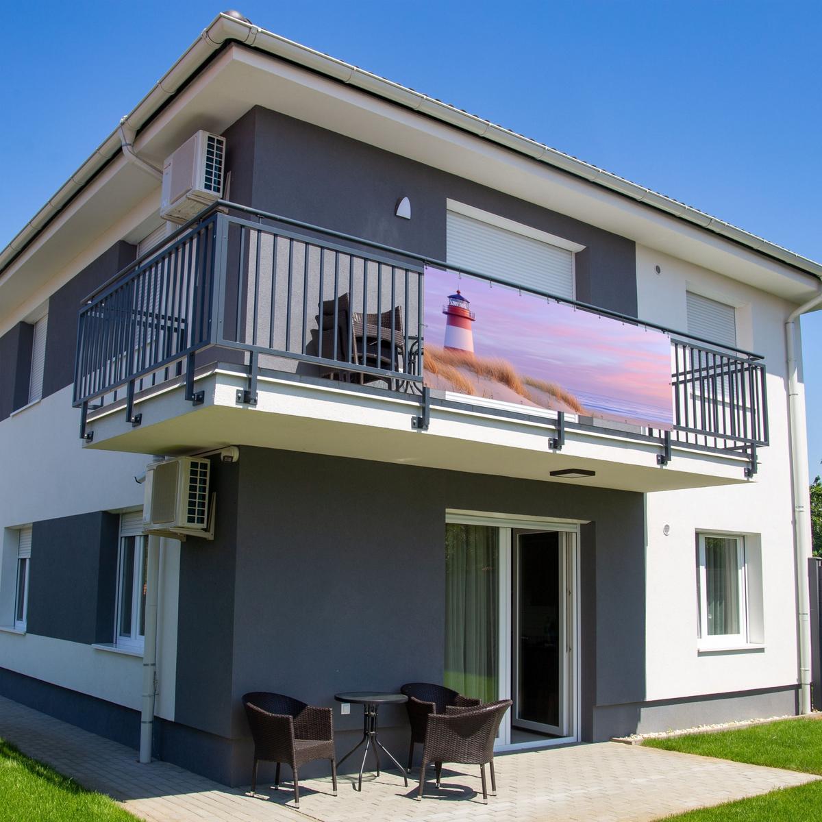 BALKON-SICHTSCHUTZ Leuchtturm - Dünen - Sonnenuntergang Balkon Deko 300x130 cm - Hellrosa, Kunststoff (300/130cm) - MuchoWow