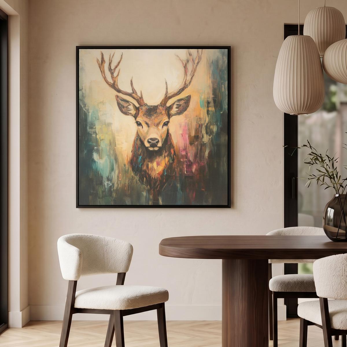 LEINWAND Bilder mit Rahmen - Hirsch - Gemalt - Geweih - Braun - 90x90 - Haselnussfarben, Textil (90/90cm) - MuchoWow