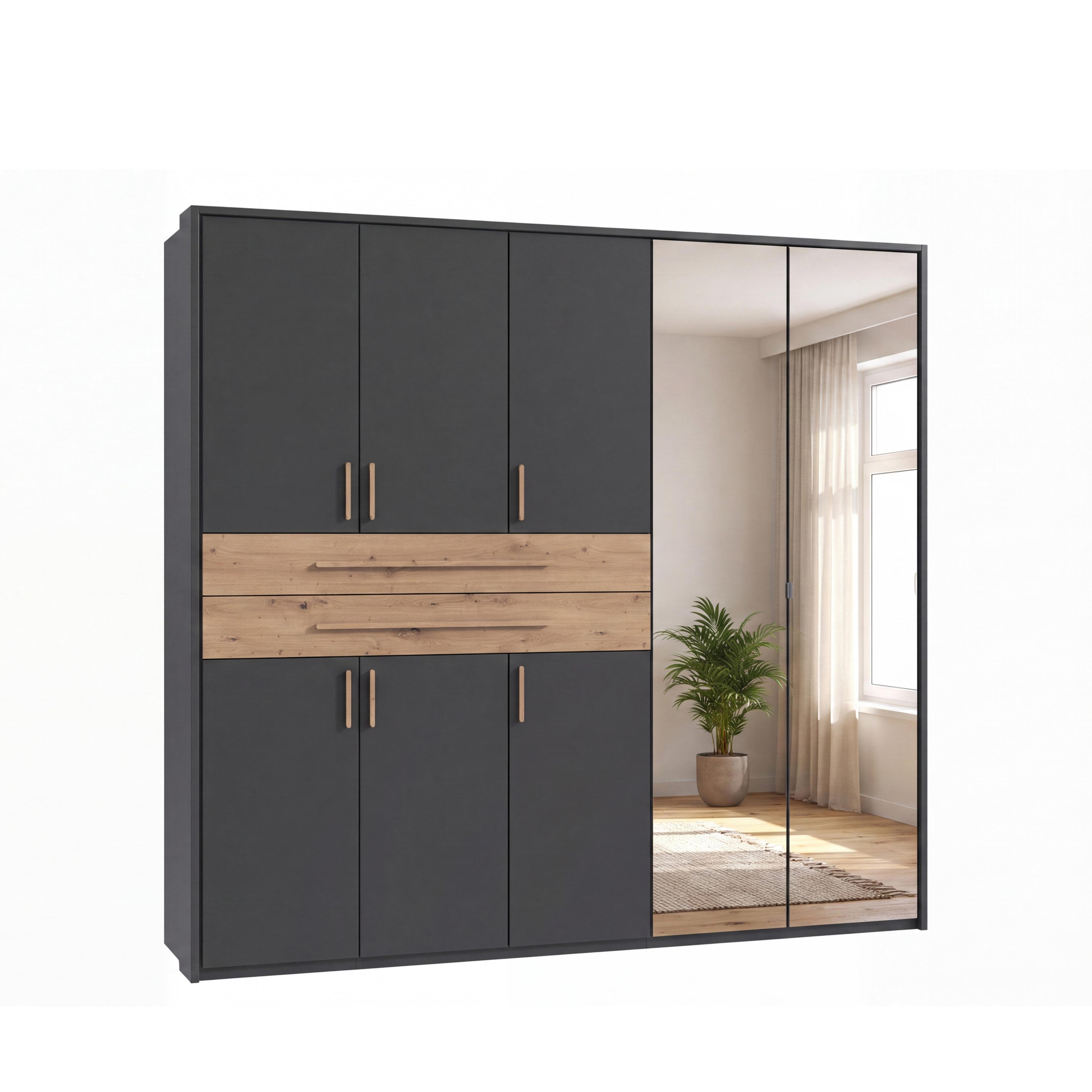 DREHTÜRENSCHRANK B228/H210/T58 cm Grafit, Kleiderschrank mit Passepartout, 2 Spiegeltüren, 2 große Schubkästen & Griffe in Eiche Artisan Dekor / 22640 - Graphitfarben/Eiche Artisan, Holzwerkstoff/Kunststoff (228/210/58cm) - luma-home