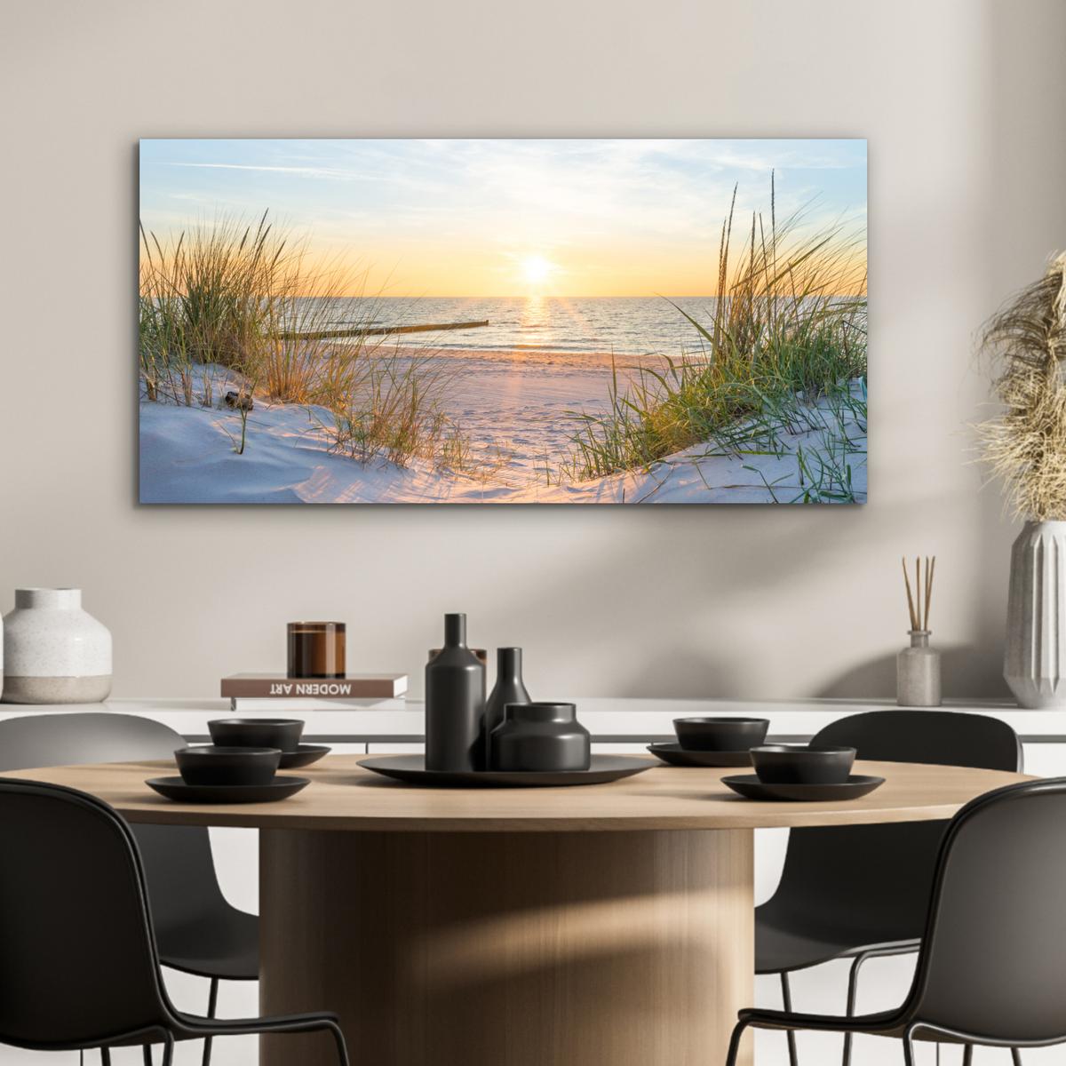 METALLBILD Strand - Sonne - Düne - Gras - Sand - Horizont 80x40 cm - Hellblau, Metall (80/40cm) - MuchoWow