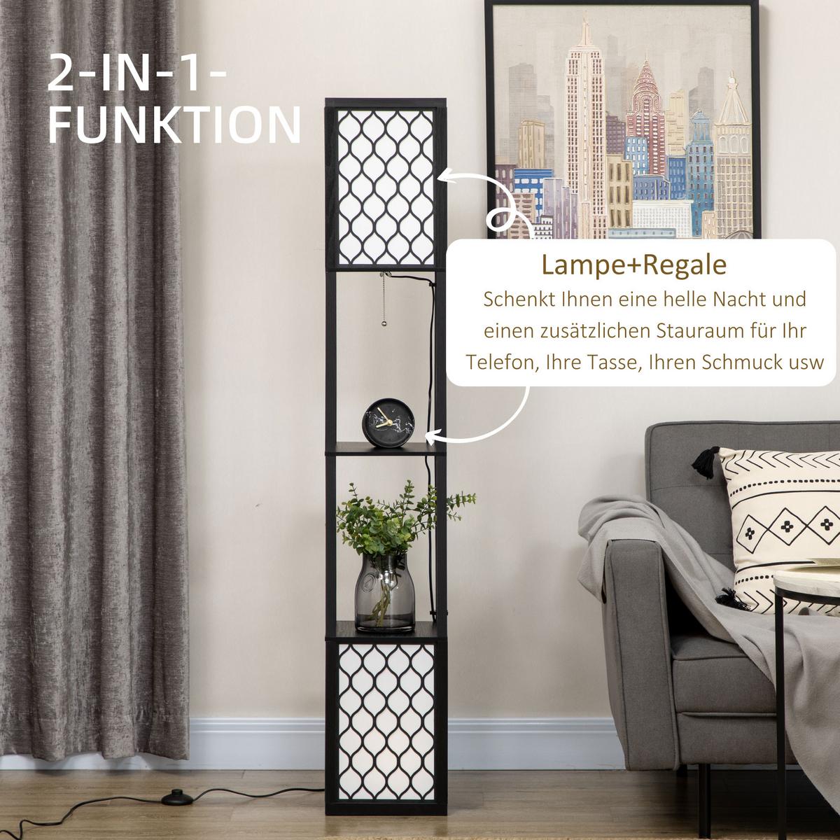 STEHLAMPE mit Regal Standlampe mit Doppellicht exkl. Leuchtmittel für Wohnzimmer - Schwarz, Kunststoff (26/26/156cm) - HOMCOM