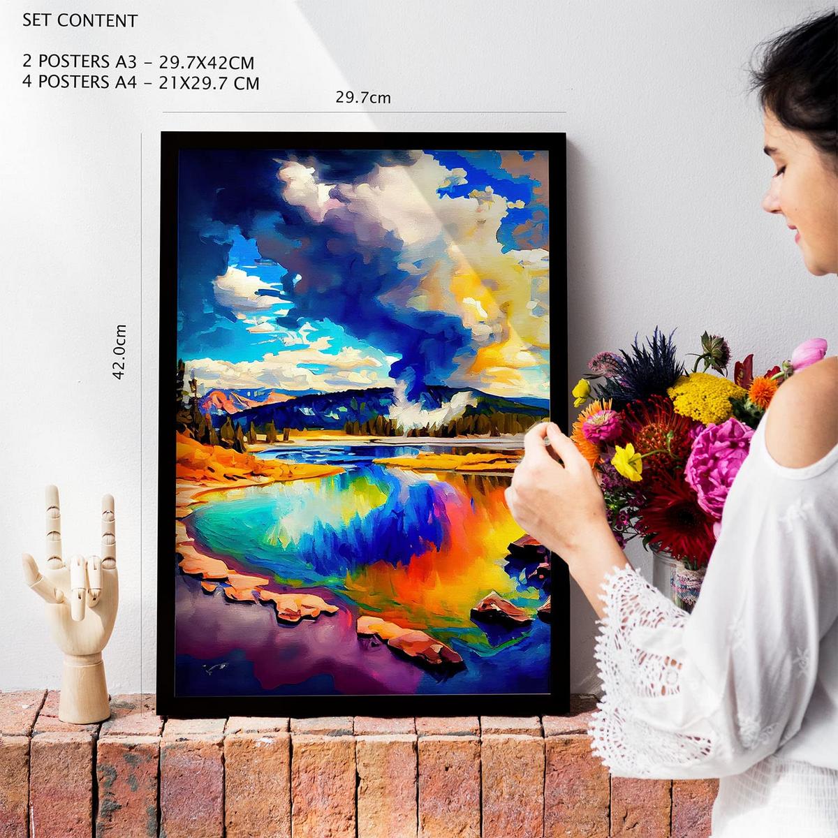 POSTER Set Mit 6 Wolken Im Ölgemälde Stil A3 & A4 Rahmen Aus Hellem Holz - Beige, Papier (29/3cm) - Nacnic