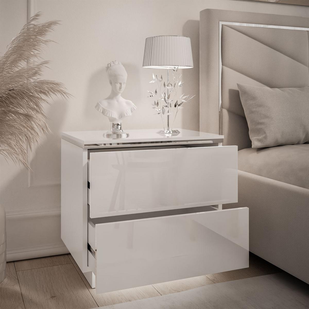 NACHTTISCH AURORA II SILVER Hochglanz Weiß mit LED-Beleuchtung – mit Sockel - Weiß Hochglanz, Holzwerkstoff (50/48/37cm) - Lookway