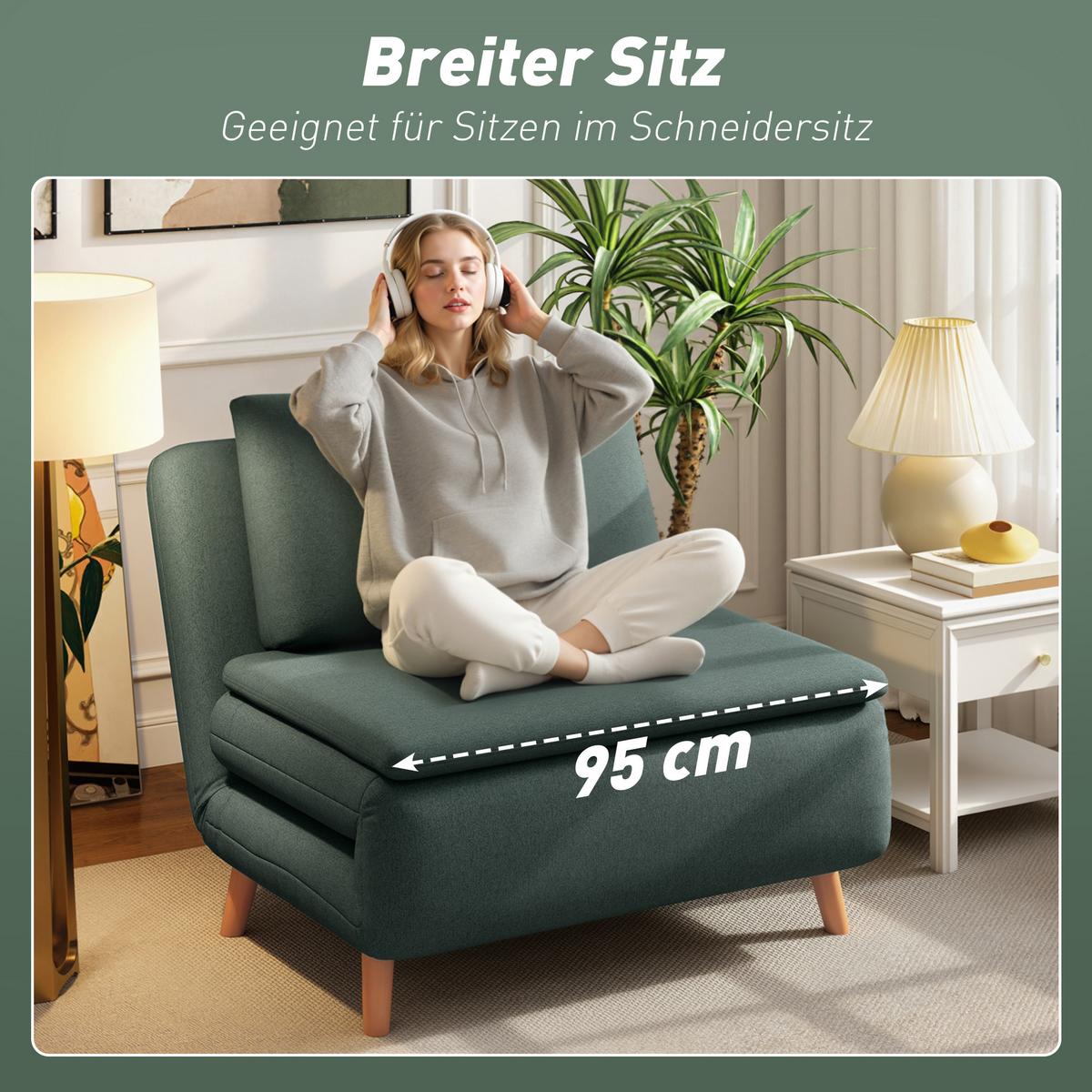 SCHLAFSESSEL 3-in-1 Sessel Bett-Funktion, verstellbare Rückenlehne - Dunkelgrün/Buchefarben, Buchenholz/Textil (90/80/95cm) - HOMCOM