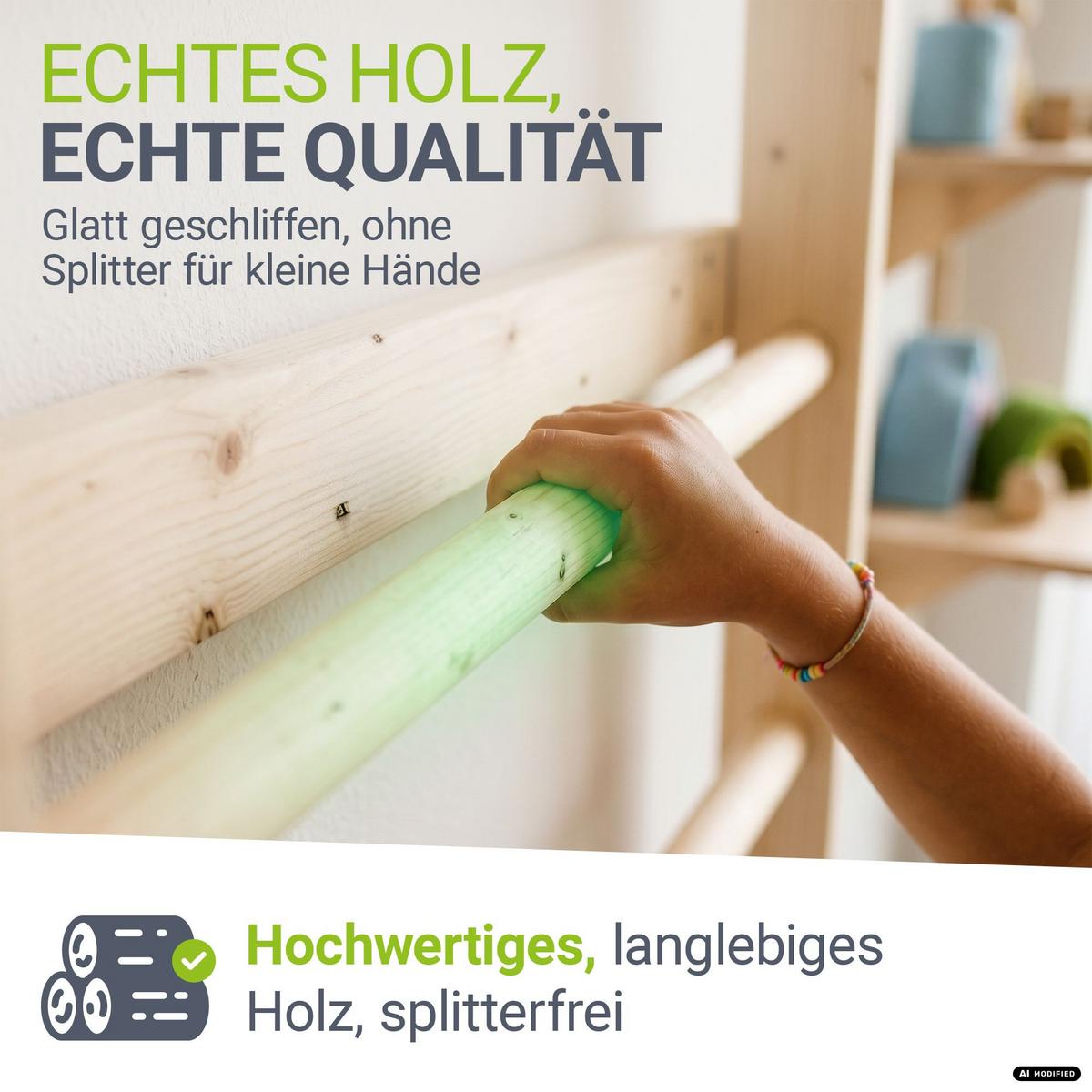 SPROSSENWAND für Kinder mit Turnringen - Naturfarben, Holz (62/57cm) - Juskys