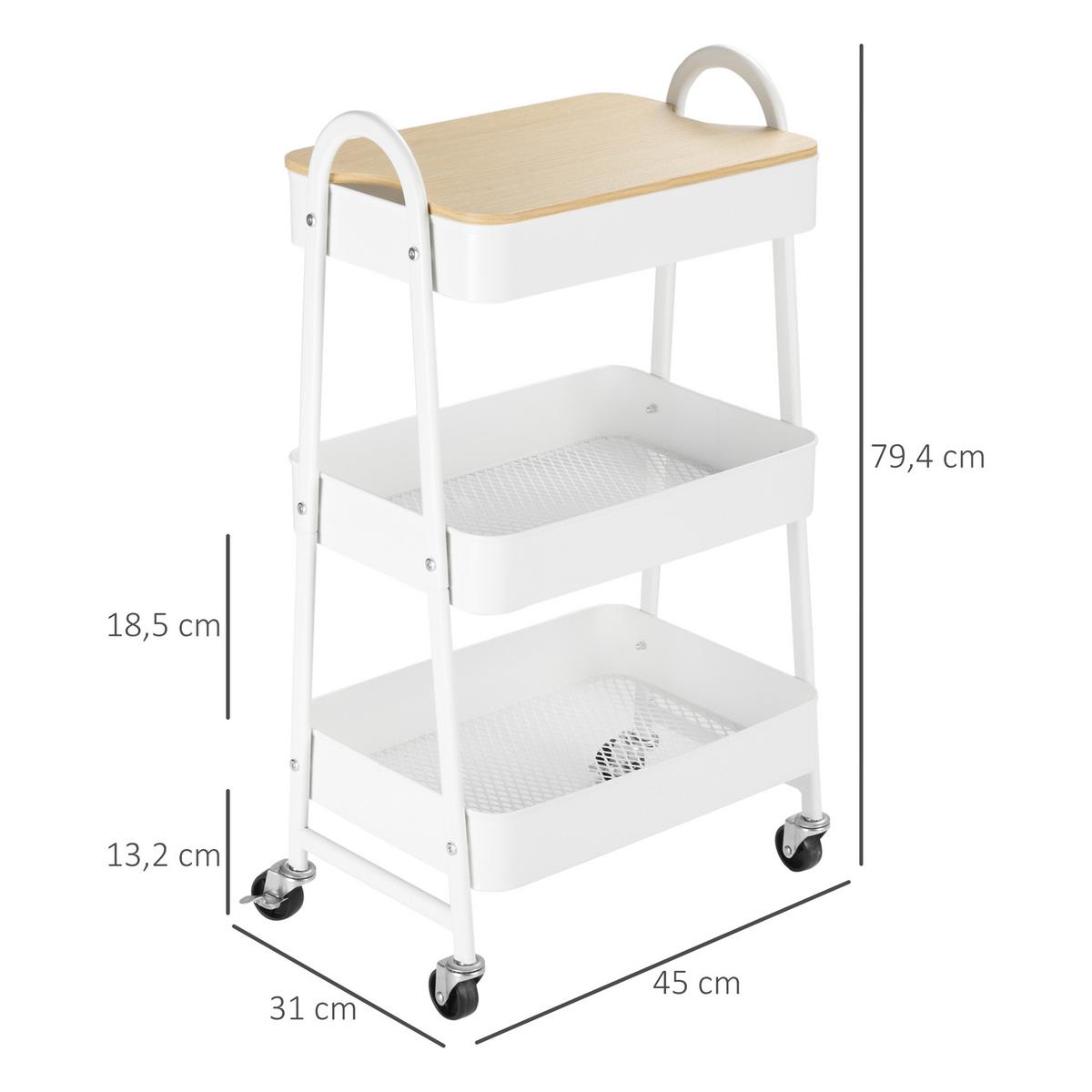 KÜCHENWAGEN 3-Etagen Aufbewahrungswagen Servierwagen Küchenregal mit Rollen Weiß - Weiß, Metall (31/79.4/45cm) - HOMCOM