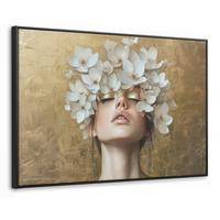 LEINWAND Bilder mit Rahmen - Gesicht - Blumen - Gold - Abstrakt - 140x90 - Goldfarben, Textil (140/90cm) - MuchoWow