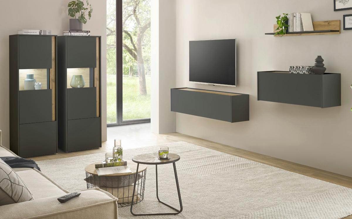WOHNWAND grau matt, Eiche Wotan 410 cm, Wohnkombination mit Sekretär - Eiche Wotan/Grau, Holzwerkstoff/Kunststoff (410/170/40cm) - Furn.Design