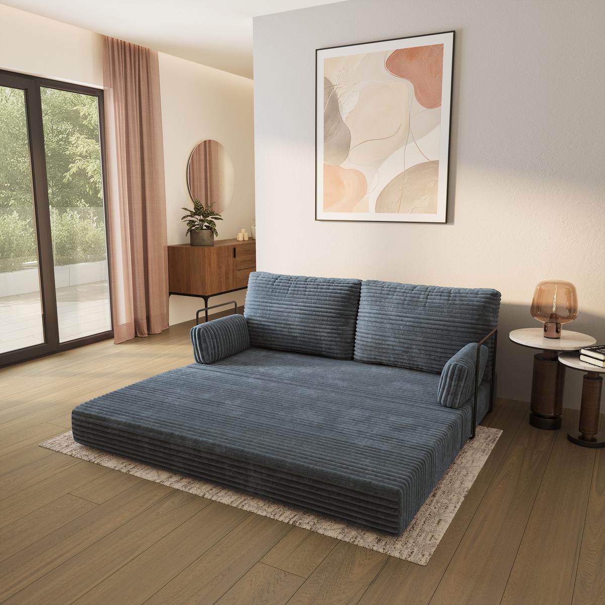 BETTSOFA SILAR aus Schaumstoff Kordstoff Grau Schlaffunktion - Blaugrau, Textil (170/86/80cm) - MASSENO
