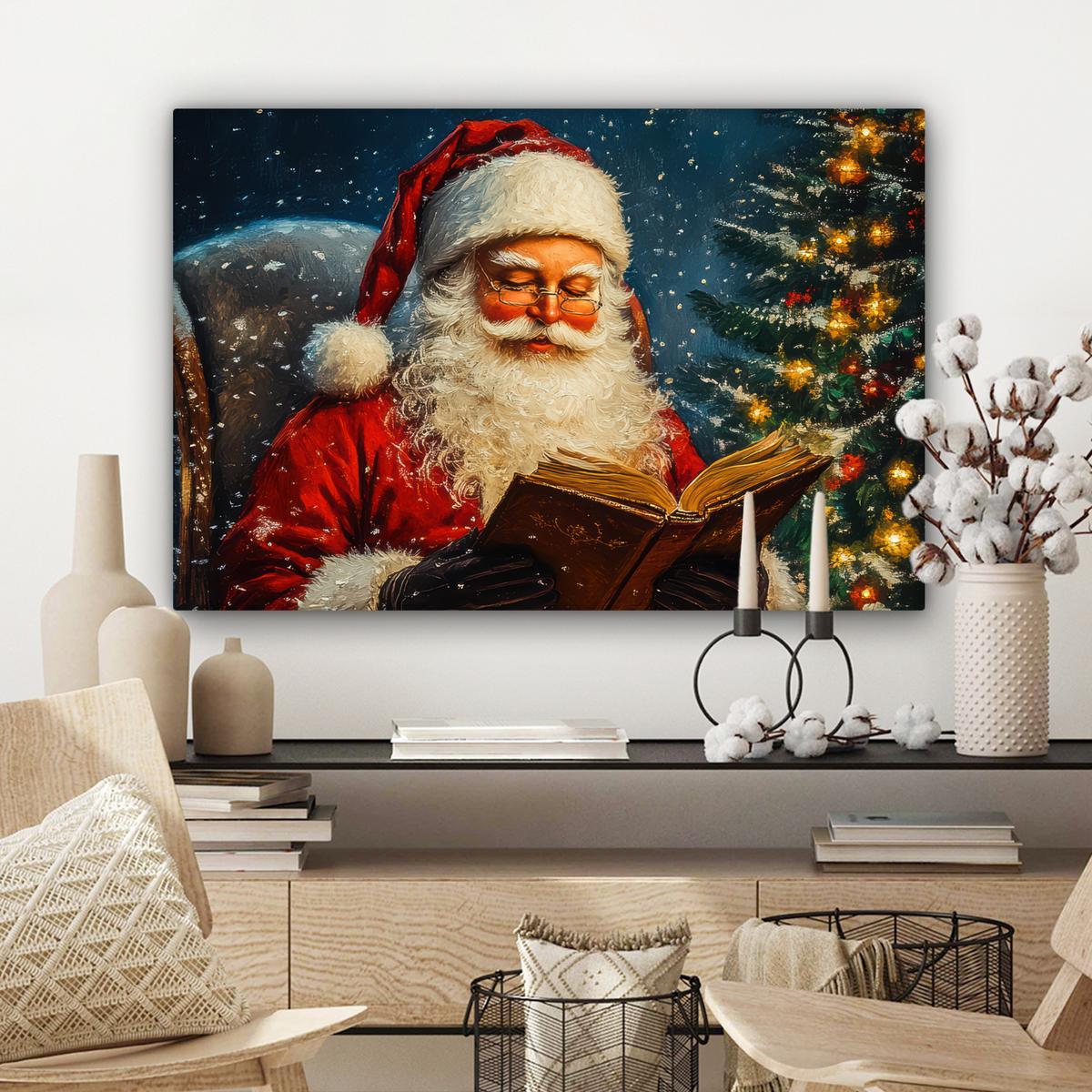 LEINWANDBILD Weihnachtsmann - Weihnachten - Winter - Weihnachtsbaum Wanddeko 90x60 cm - Bordeaux, Textil (90/60cm) - MuchoWow