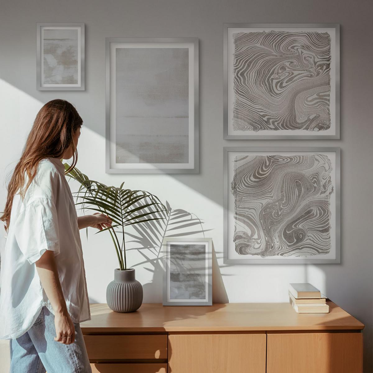 BILDER SET 5er Set - 50x50 cm & 20x30 cm & 40x60 cm Silberner Rahmen - Abgenutzte Texturen, moderner Stil - Silberfarben, Kunststoff (40/60cm) - TULUP