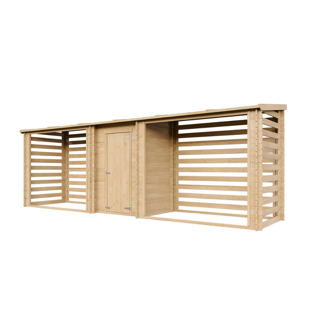 BRENNHOLZLAGER aus Holz mit geschlossenem Stauraum 6,18 m², zwei Lagerbereiche für ca. 7,38 m³ Brennholz, 564 x 146 x 199 cm (B x T x H) - Naturfarben, Holz (564/199/146cm) - Timbela