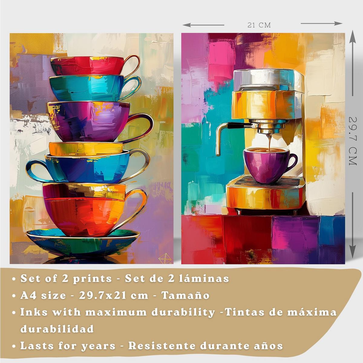 POSTER 2er Set Küchen-Wandbilder Kaffeetassen und Espressomaschine Pop Art Bunt Esszimmer Wanddeko Rahmenlos A4 - Beige, Papier (29.7/1/21cm) - Nacnic