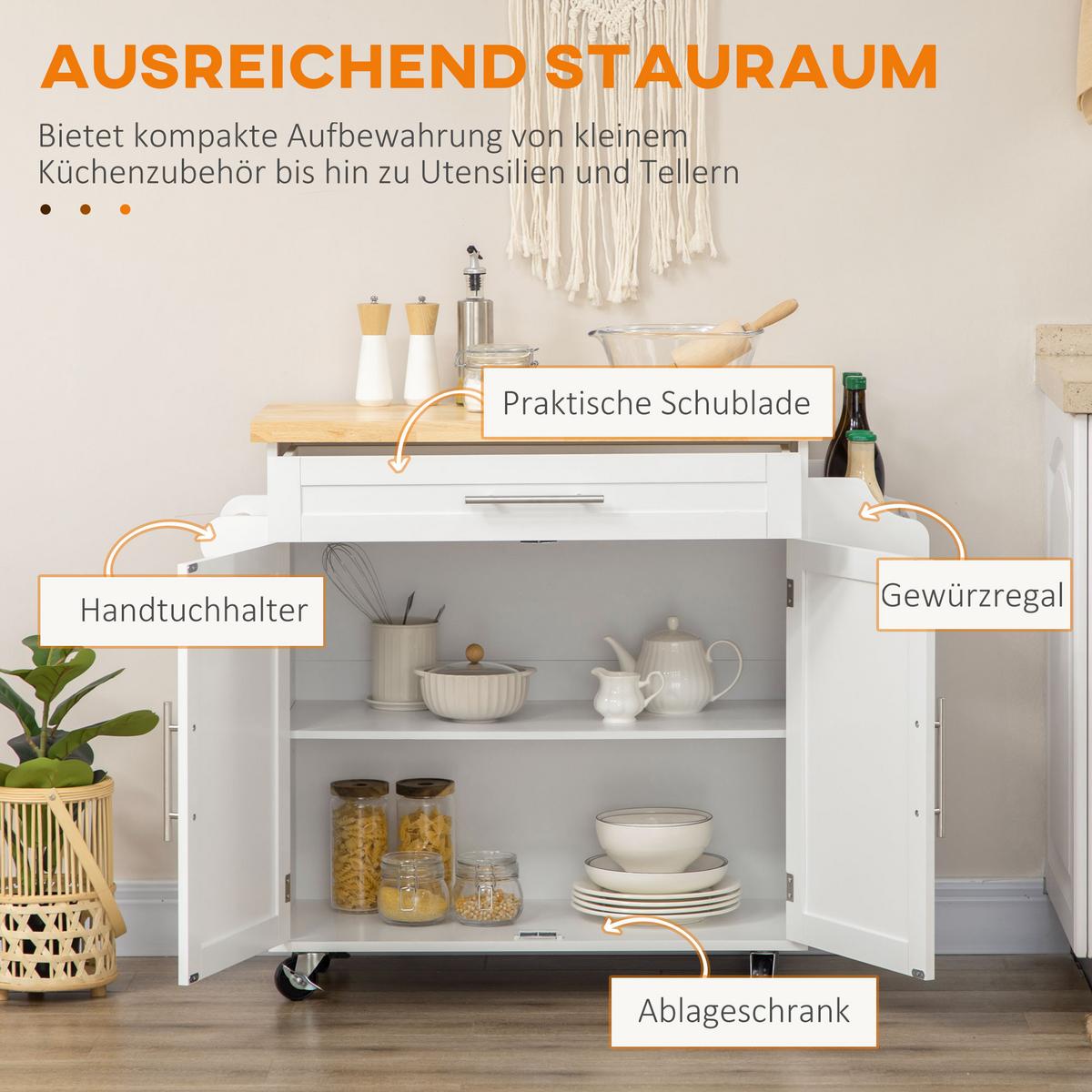 KÜCHENWAGEN rollbar Servierwagen Küchentrolley für Küche Wohnzimmer Weiß - Weiß, Holzwerkstoff (40/89/109cm) - HOMCOM