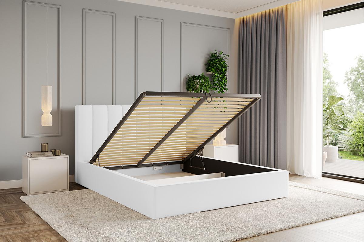 POLSTERBETT mit Bettkasten und Lattenrost, Bett mit Matratze H3/H4 - STERA 160x200 Weiß Kunstleder - Weiß Hochglanz, Holzwerkstoff/Textil (160/200cm) - ALTDECOR