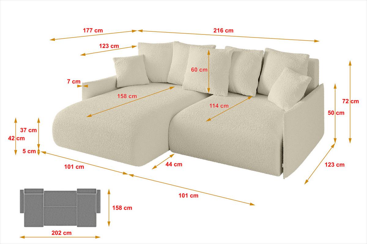 ECKSOFA Ottomane links ONESK-L -v1 216x177x72 Beige Bouclé - Hellbraun/Creme, Holzwerkstoff/Kunststoff (216/177cm) - ALTDECOR