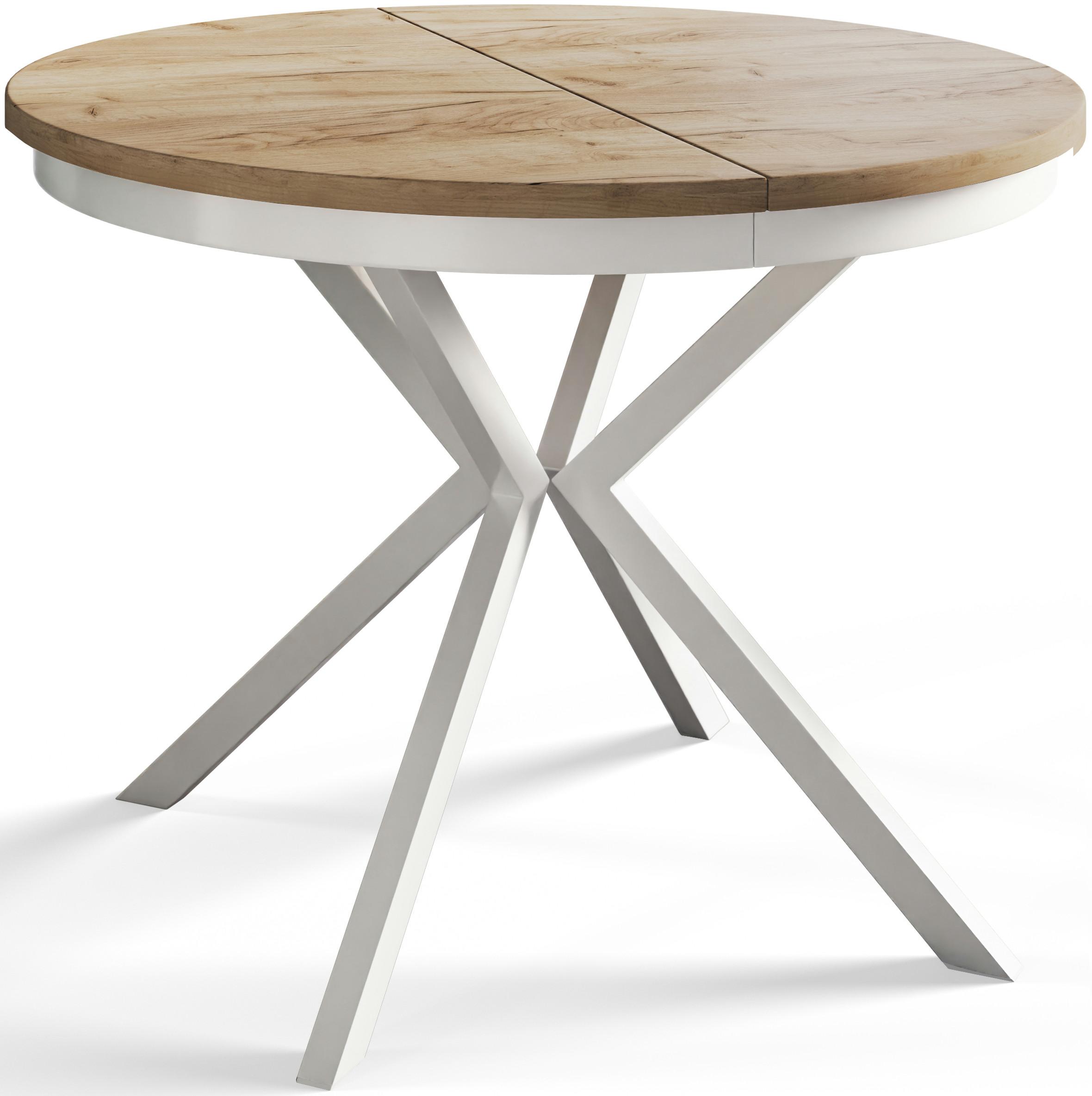 RUNDER Esszimmertisch BERGO, ausziehbarer Tisch Durchmesser: 120 cm/200 cm, Wohnzimmertisch Farbe: Braun, mit Metallbeinen in Farbe Weiß - Braun/Weiß, Holzwerkstoff (120/120/76cm) - Alpi-Möbel