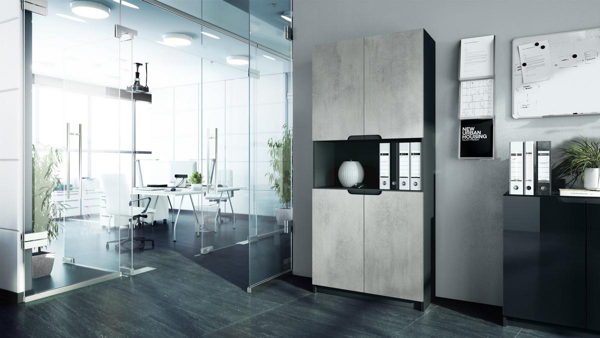 BÜROSCHRANK Logan Fronten in Beton Oxid Optik - Hellgrau, Holzwerkstoff (82/184/37cm) - Vladon