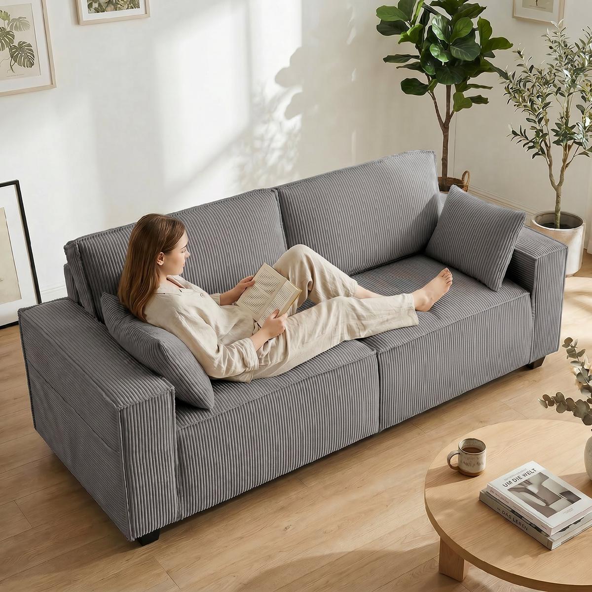 SOFA 3-Sitzer aus Polyester Hellgrau - Hellgrau/Schwarz, Holzwerkstoff/Kunststoff (79/91/218cm) - HOMCOM