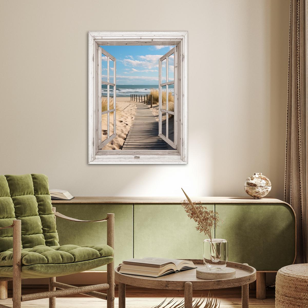 POSTER Fenster - Meer - Küste - Natur - Ausblick - Strand - Wattenmeer Deko Wohnzimmer 60x80 cm - Beige, Papier (60/80/0.1cm) - MuchoWow