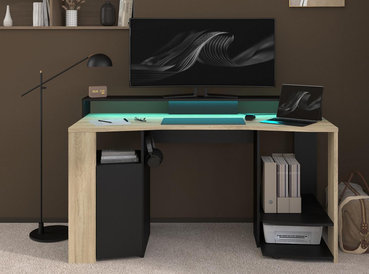 GAMINGTISCH Eiche, schwarz 152 cm, Gamer Schreibtisch inklusive LED mit Farbwechsel - Eichefarben/Schwarz, Holzwerkstoff/Metall (62/152/88cm) - Parisot Meuble