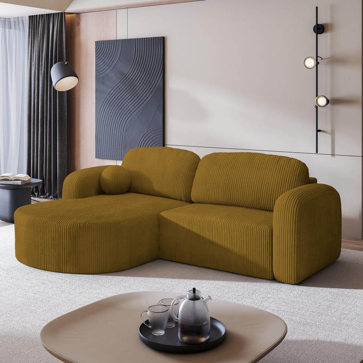 ECKSOFA AMILIA P L-S Gelb Kordstoff mit Schlaffunktion - Gelb, Holz (263/174cm) - MASSENO
