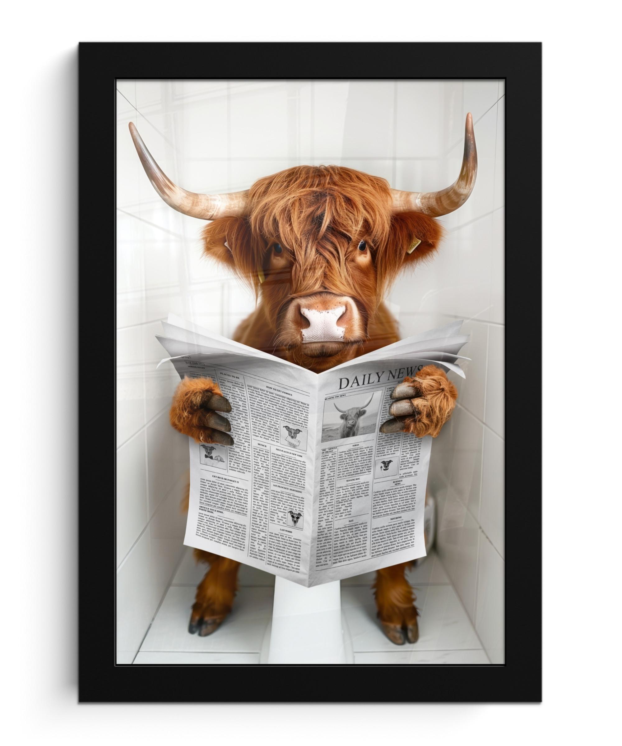 POSTER MIT RAHMEN Schottischer Highlander - Tier - Zeitung - Toilette Poster 20x30 cm - Kastanienfarben, Papier (20/30cm) - MuchoWow