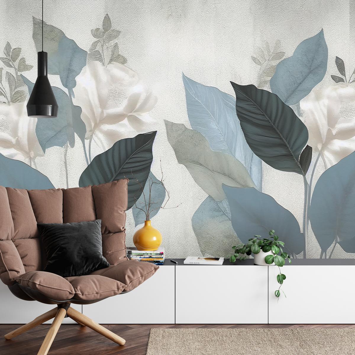 FOTOTAPETE für Wohnzimmer Blaue Blätter Beton Vintage Minimalistisch 450x315 - Grau, Papier (450/315cm) - Muralo