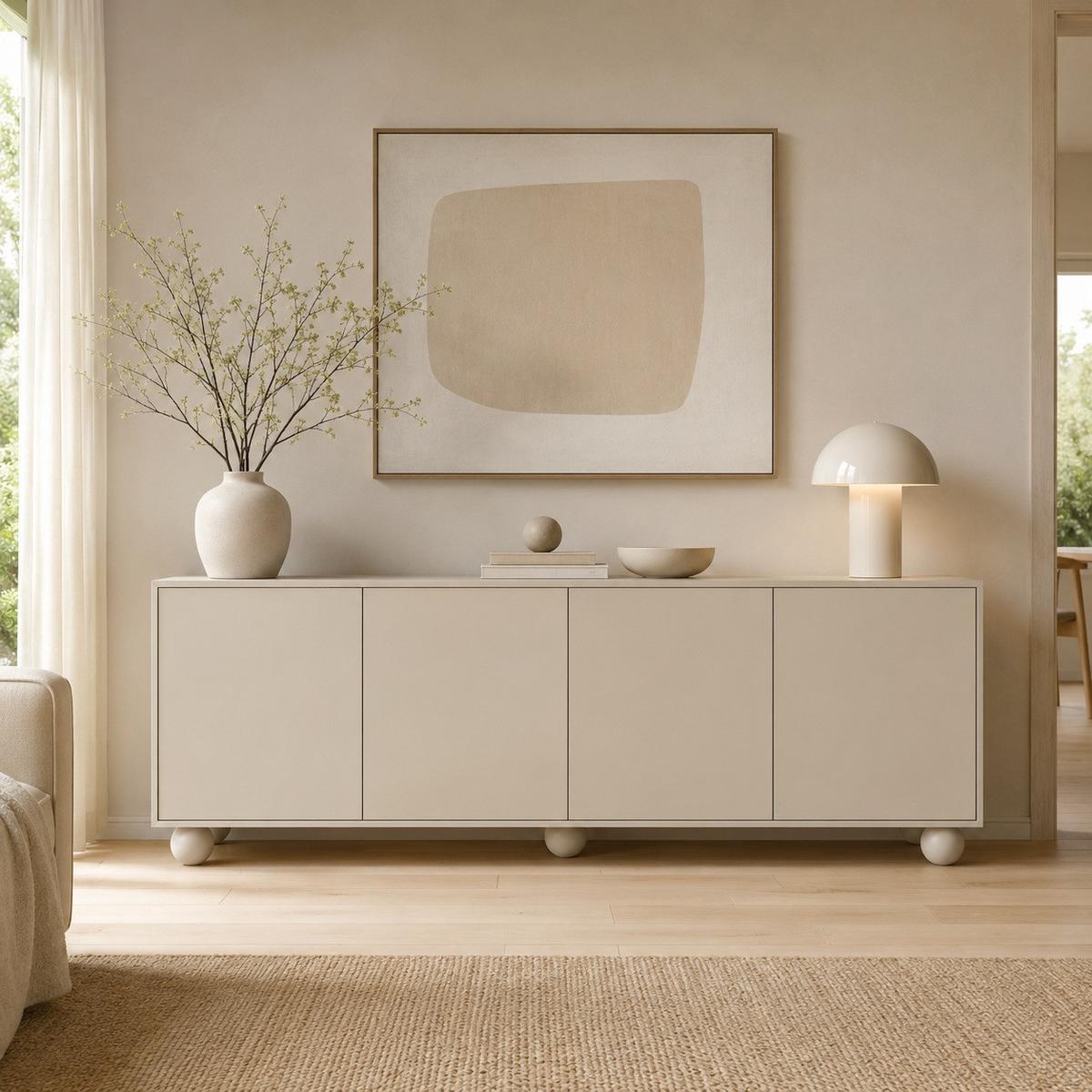 KOMMODE Adel mit 4 Türen und runden Füßen, 204 cm, Griffloss, Kaschmir - Kaschmir, Holzwerkstoff (204/81/38cm) - Beautysofa