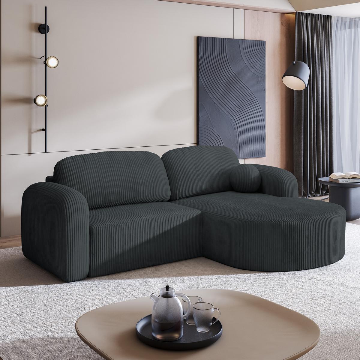 ECKSOFA AMILIA P R-S Graphitfarben Kordstoff mit Schlaffunktion - Graphitfarben, Holz (263/174cm) - MASSENO