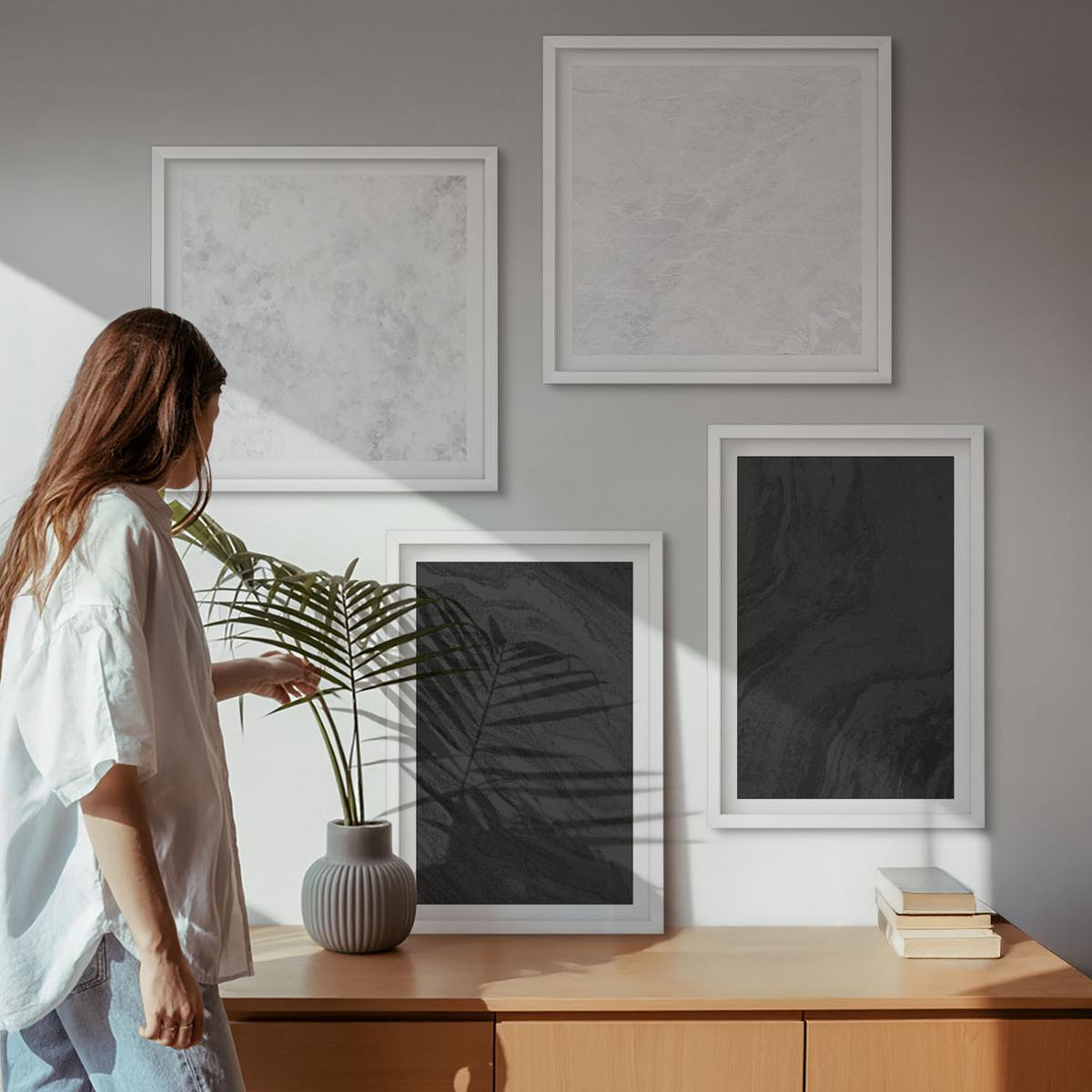 BILDER SET 4er Set - 50x50 cm & 40x60 cm Weißer Rahmen - Dunkles Licht, glamouröse Marmor - Weiß, Kunststoff (50/50cm) - TULUP